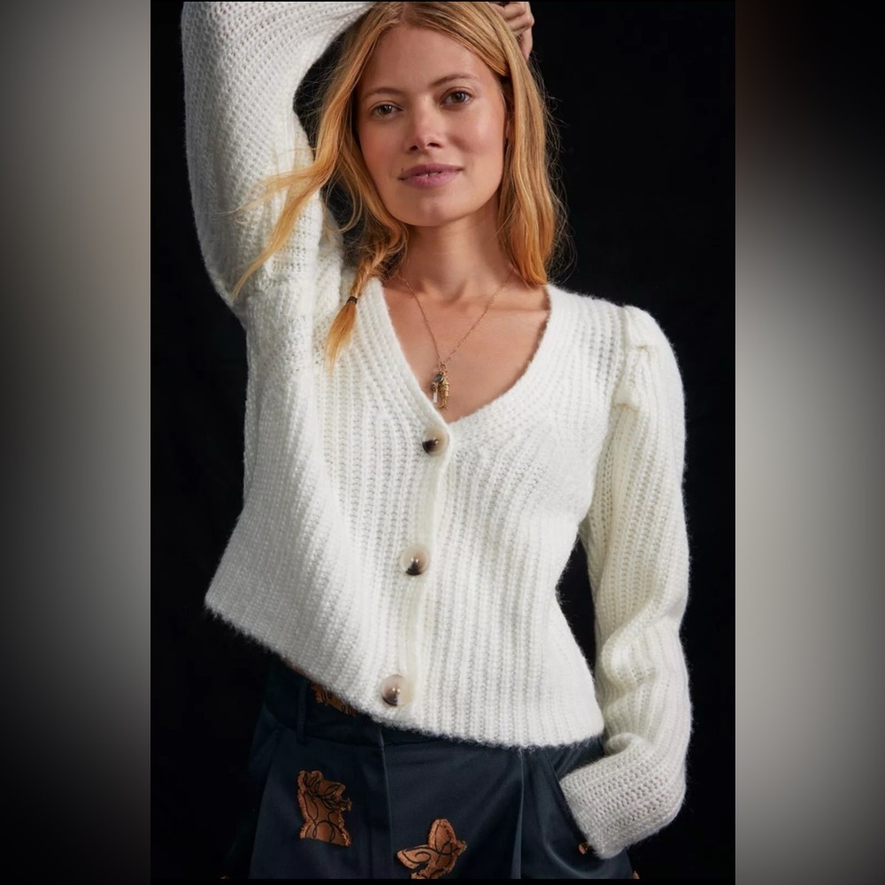 Anthropologie Current Air Women's Ivory Knit Puff Sleeve Cardigan Sweater NEW - Picture 2 of 8